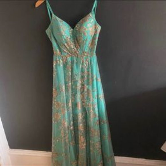 Teal and Gold Floral Prom Dress - Picture 3 of 10